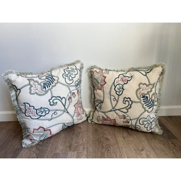 Set of 2 Handmade Floral Bohemian Embroidered Throw Pillows Fringe Trim - Picture 1 of 4
